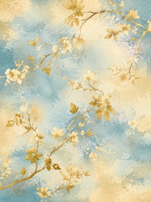 参考参考图片的风格，重新生成包含金色花枝花卉图案的画面，背景为晕染浅蓝色和米黄色，保持复古轻奢水彩质感预览效果
