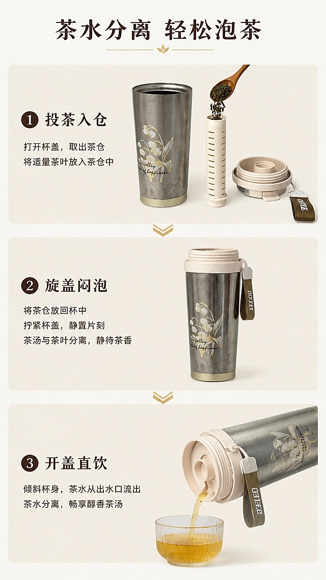 [第4屏] 功能演示-茶水分离使用步骤展示。本屏使用【图1】产品部件展示三步使用流程。
[氛围/风格] 步骤清晰流程化展示，清新自然风格。
[元素布局] 上下三段排列，每一步骤占比均匀，每一步骤配产品图+说明文字，第一步放入茶仓投茶，第二步拧紧杯盖泡茶，第三部倾斜出水饮用；保留产品部件外观与输入图片一致。
[光影质感] 均匀明亮光线，每个步骤产品清晰可见，背景干净。
[配色色系] 全局底色 #F5F5F0；每一步骤浅米色背景块，标题深棕色，流程箭头浅金色。
[视角构图] 每个步骤正面视角，从上到下阅读动线流畅。
[文字版式] 顶部总标题「茶水分离 轻松泡茶」，每一步骤编号+短标题：1. 投茶入仓，2. 旋盖闷泡，3. 开盖直饮；文字清晰，不遮挡产品操作区域。
[比例分辨率] 9:16 竖版比例，4K分辨率，文字清晰可辨，高清画质。
[负向提示词] 步骤混乱，产品变形，文字错乱，背景杂乱，人物面部出现