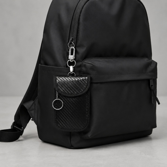 [Main Image 2] Key pouch carried on daily backpack, lifestyle scene display. Low-saturated light gra预览效果