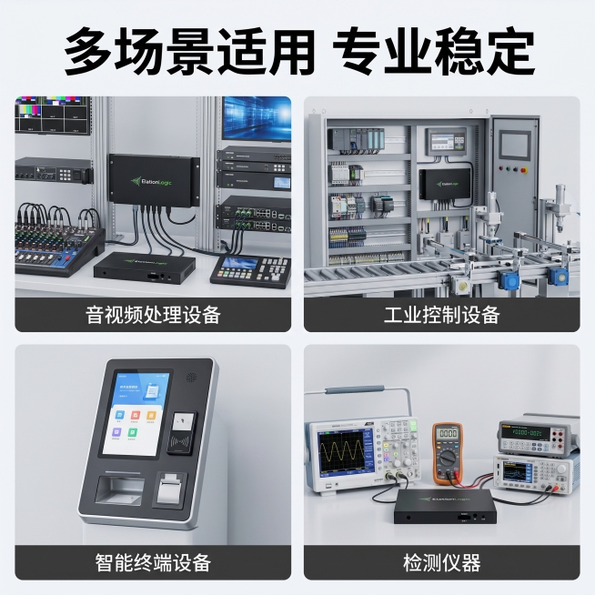 [主图-4] 超薄工控机箱适用场景展示图，工业制造风格。产品保持原图外观不变，展示工控机箱在不同行业的应用场景。顶部大标题“多场景适用 专业稳定”，黑色粗体。下半部分做四宫格布局，分别展示：音视频处理预览效果