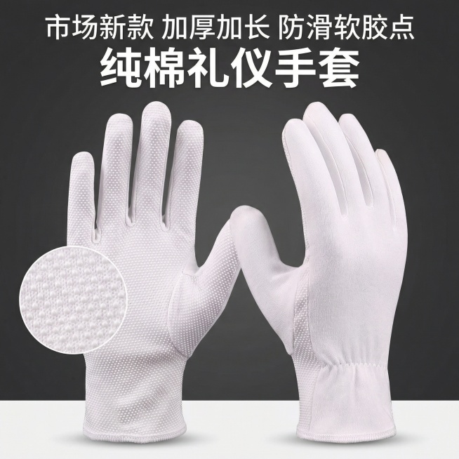 帮我生成10张电商主图 特点市场新款手套 加厚加长 自带防滑软胶点 纯棉汗布白色颗粒礼仪 手套预览效果