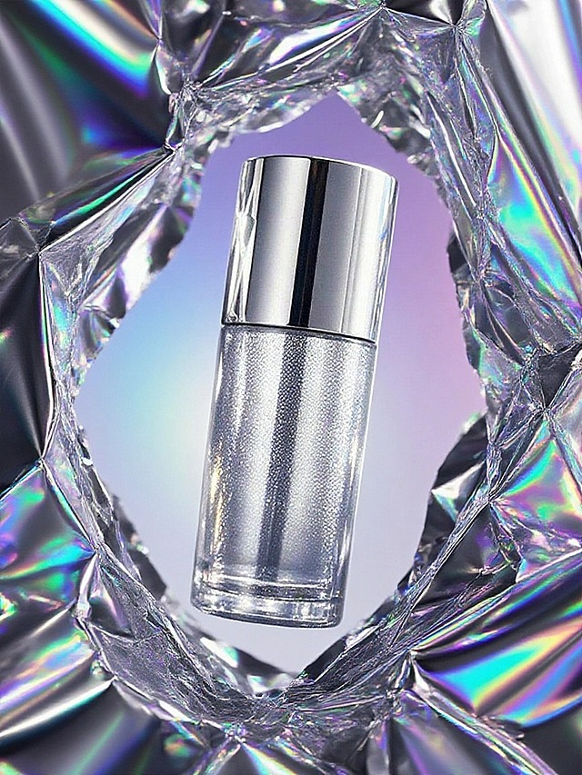 以银色、镭射色彩为基调，背景是不规则锡纸，光影聚焦强化瓶身精致质感与闪粉效果 ，闪耀、高端未来感氛围
