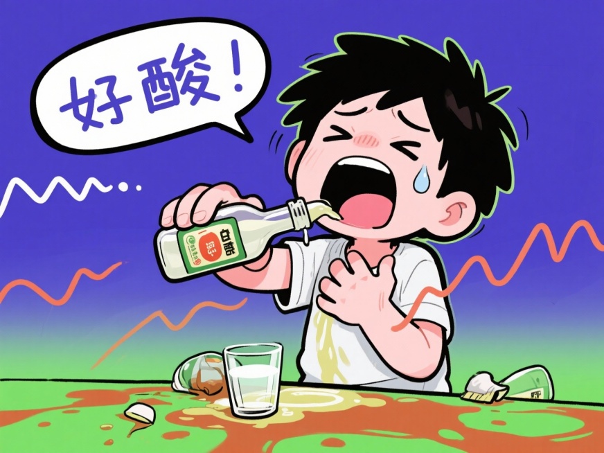 搞笑漫画风格，内容为“误把瓶子里的白醋当饮料喝了，难受得抠喉咙把醋吐出来“预览效果