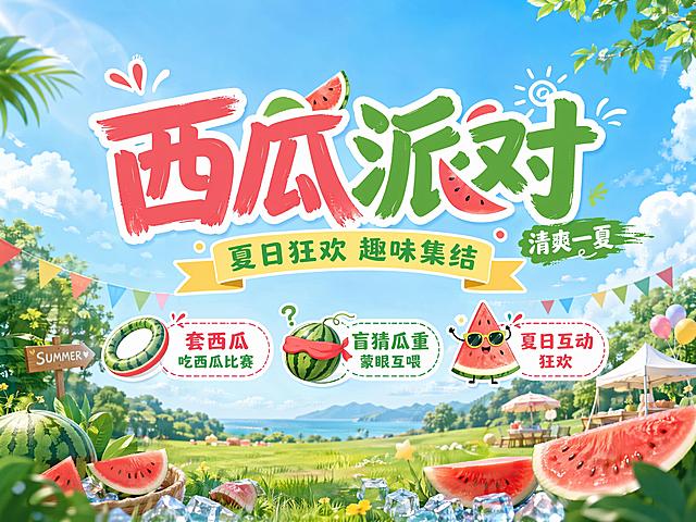 夏日清新活泼风格活动宣传海报，4:3比例，版式精美。主标题"西瓜派对"，副标题"夏日狂欢 趣味集结"，装饰文案"清爽一夏"。画面背景为清新夏日户外场景，点缀新鲜西瓜切片，整体色彩清新明快，突出夏日清凉氛围。包含活动卖点：套西瓜吃西瓜比赛、盲猜瓜重蒙眼互喂、夏日互动狂欢。文字排版清晰，主次分明，四边留足安全边距，适合做喷绘背景。
