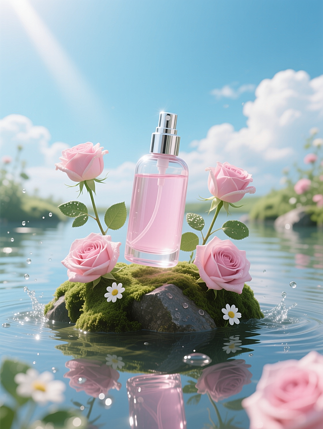梦幻感与清新感交织，3D风呈现玻璃质感瓶身，重拟物风格还原水珠细节，虚拟自然场景中粉玫瑰环绕，水彩风渲染柔美光影，唯美感与浪漫感满溢，适配春日节日氛围。