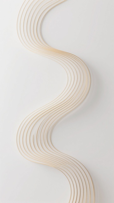 极简抽象风格设计，以纯净白色为背景，由一系列连续流畅、粗细均匀的金色线条构成主要视觉元素。线条呈现出优雅的波浪状曲线形态，从画面左侧中部开始，向右上方自然延伸后又婉转向下，形成一个流畅的“S”形韵律结构。线条之间保持均匀且渐变的间距，在弯曲处线条密度自然变化，整体构成富有动感和节奏感的视觉流动效果。设计注重线条的精准性和极简的美学表达，没有多余装饰，仅通过线条的曲直、疏密和走向营造出平衡、和谐……预览效果