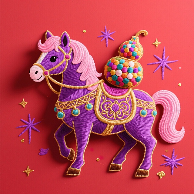 主体是 Q 版紫色小马（装饰粉色鬃毛、金色花纹鞍具，背上驮着彩珠葫芦），呈回头张望的俏皮姿态，表情灵动。背景为纯红色，点缀紫色星光与金色花纹，整体呈现梦幻、喜庆的风格。