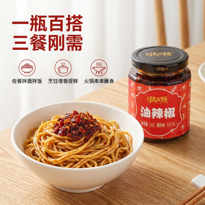 [主图 4] 辣三娘油辣椒食用场景展示主图
[氛围风格] 生活化家常氛围，代入感强，突出百搭开胃
[画质] 商业摄影质感、光线柔和通透、产品清晰真实、画面干净高级
[元素] 第一人称视角拍摄桌面，白瓷预览效果