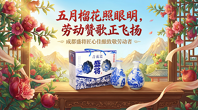 五一劳动节主题公众号文章配图，包含青花瓷盛将白酒礼盒和酒瓶，背景为温暖明亮的春日氛围，整体风格大气典雅，带有文字"五月榴花照眼明，劳动赞歌正飞扬 成都盛将匠心佳酿致敬劳动者"，适合作为公众号封面插图