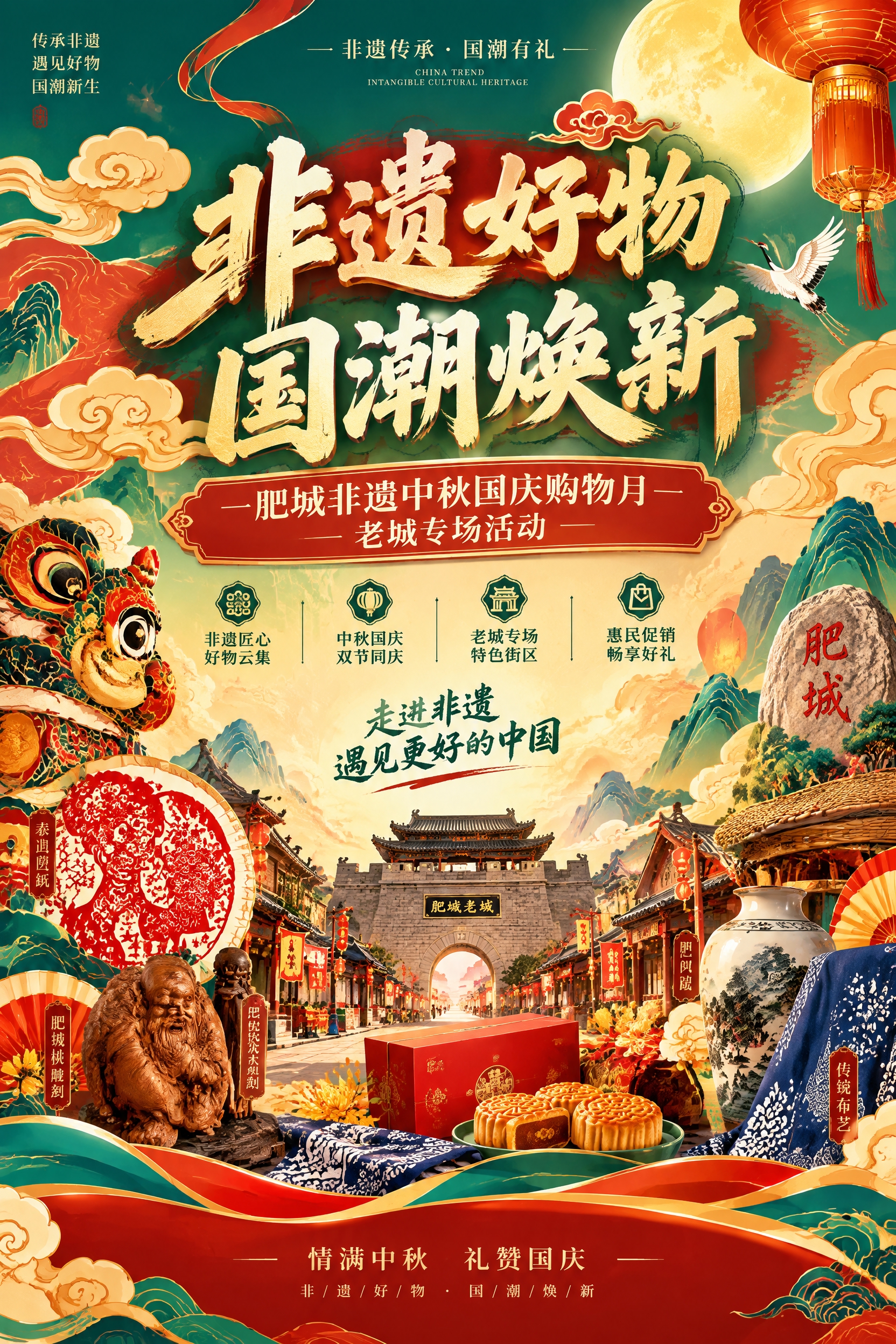竖版国潮风格活动海报，绿红黄橙为主色调，时尚潮流国潮元素，画面… - 图片创意预览