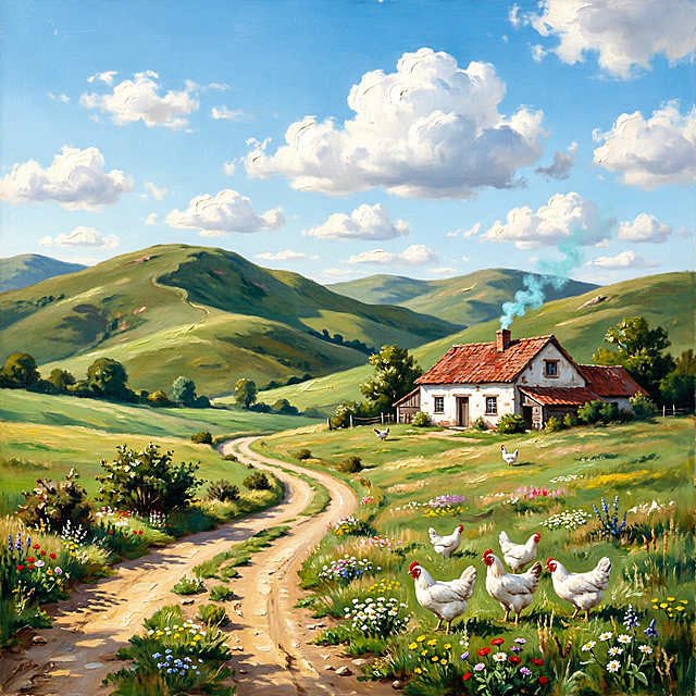 画面呈现起伏的绿色山丘、蜿蜒土路和白墙红瓦农舍，前景有几只白鸡漫步在花丛中，蓝天白云下炊烟袅袅。整体采用厚涂油画风格，色彩明快温暖，充满自然气息与宁静感，适合用作家居装饰画或疗愈主题背景图。