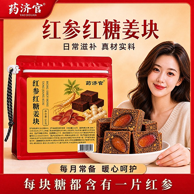 电商主图，红参红糖姜块产品海报。画面左侧是一袋红色自立拉链袋包装的红参红糖姜块，袋子为鲜艳正红色，袋口有白色拉链封口和黑白编织挂绳。袋子正面贴有一张清晰的橙黄色标签，标签内容必须完全清晰锐利可读：标签左侧竖排黑色大字"红参红糖姜块"，旁边有竖排英文"HONG SHEN HONG TANG JIANG KUAI"，下方有竖排"净含量:160克"黑色小字；标签右侧有"药济官"黑色品牌名和注册商标符号，标签上还有红参、红糖块、生姜、红参片的插画图案，标签底部有配料表等细小文字和条形码。标签文字必须100%清晰锐利，边缘干净，没有模糊和错字，就像真实印刷在包装袋上一样清晰。袋子前方有一个白色陶瓷碗，碗里盛放着多块方形红糖姜块，红糖块呈深褐色，表面粗糙有颗粒感，每块红糖中清晰可见嵌入的红参片，切面纹理丰富。画面右侧有一位微笑的年轻女性，穿着米白色毛衣，手轻轻扶着碗。背景为暖橙色到浅米色的渐变，顶部有红色边框和"药济官"品牌Logo。画面中部有大标题"红参红糖姜块"红色大字，下方有"日常滋补 真材实料"小字。底部有"每月常备 暖心呵护"和"每块糖都含有一片红参"的文字。整体暖色调，商业摄影质感，光线柔和温暖，产品立体感强，包装袋上的标签文字必须绝对清晰可读，这是最高优先级要求。