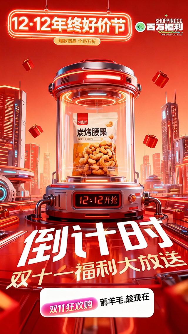 这是一张竖果炭烤腰果促销海报，顶部为创意霓虹3D文字框“12·12 年终好价节”，副标题标签展示“爆款商品 全场五折”，图中商品位于一个大型3D制造机中，机器底部数字显示屏显示“12·12开抢”，背景是未来都市建筑，红橙配色。