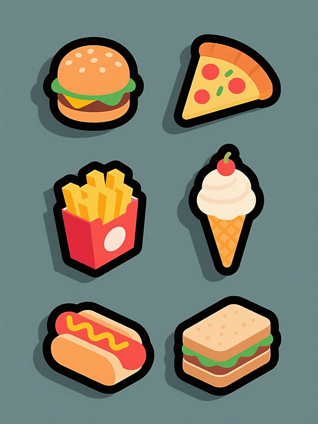一套6个不同的扁平风格卡通美食图标集合，每个图标都有黑色描边、圆润造型、鲜亮纯色填充和简洁色块过渡的阴影效果，元素分别为汉堡、披萨切片、炸薯条盒、冰淇淋甜筒、热狗和三明治，所有图标规整等距排列在纯色背景上，整体色彩进行变换但保持原有的色彩和谐度与视觉统一性。