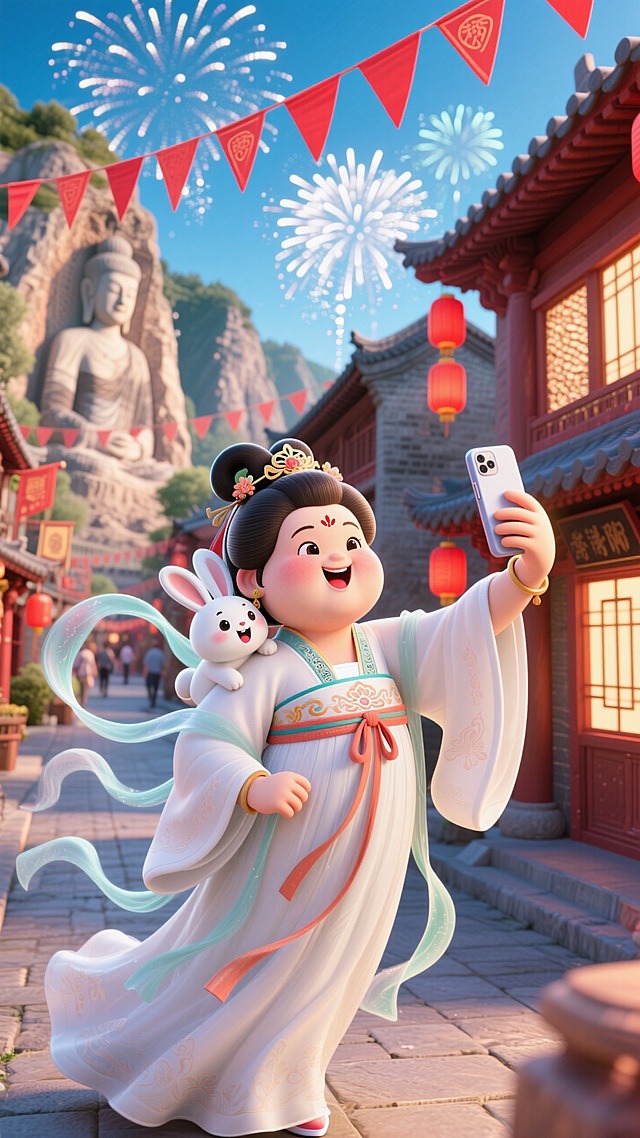 胖胖的嫦娥穿着带有仙气飘带的白色唐制汉服坐走在洛阳城街头，一手拿着手机自拍，一只白兔子在她肩膀，做着夸张的自拍表情，窗外天空漂浮着喜庆的纯色的红色三角旗帜，可以看到龙门石窟，白日烟花，辉光效果，广角俯视，大透视