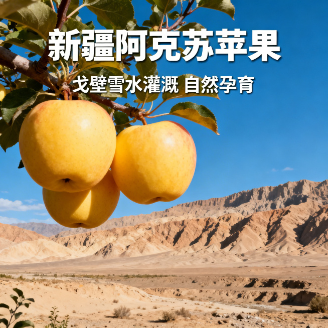 新疆阿克苏苹果电商主图，1:1比例，阿克苏苹果挂在枝头，背景是新疆的戈壁和蓝天，上方文字"新疆阿克苏苹果"，下方文字"戈壁雪水灌溉 自然孕育"，突出产地特色预览效果