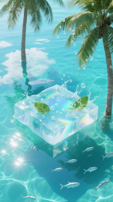 俯视视角，碧蓝通透的海水中央漂浮着一座由透明冰块构成的不规则平台，棱角分明的冰块内部封存着细小的气泡和几片翠绿的棕榈叶，平台边缘飞溅起的水珠在空中凝结成半透明的气泡，阳光透过冰块折射出蓝绿色的棱镜光效，周围环绕着三棵高大的椰子树，部分树干没入水中，舒展的棕榈叶上悬挂着晶莹的水珠，水面倒映着天空的云朵和树叶的阴影，水下隐约可见几条银色鱼群游动，整体色调以薄荷青、海水蓝和冰透白为主，阳光在水面形成……预览效果