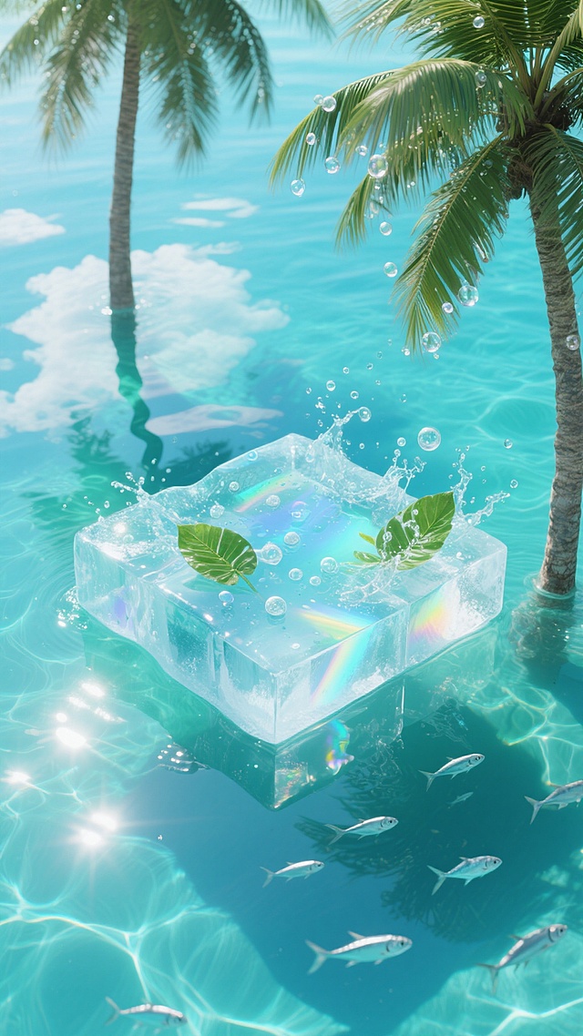 俯视视角，碧蓝通透的海水中央漂浮着一座由透明冰块构成的不规则平台，棱角分明的冰块内部封存着细小的气泡和几片翠绿的棕榈叶，平台边缘飞溅起的水珠在空中凝结成半透明的气泡，阳光透过冰块折射出蓝绿色的棱镜光效，周围环绕着三棵高大的椰子树，部分树干没入水中，舒展的棕榈叶上悬挂着晶莹的水珠，水面倒映着天空的云朵和树叶的阴影，水下隐约可见几条银色鱼群游动，整体色调以薄荷青、海水蓝和冰透白为主，阳光在水面形成粼粼波光，冰块边缘泛着淡淡的虹彩，营造出清凉透彻、充满夏日活力的沉浸式氛围。