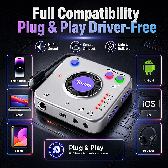 [Main Image 3] Compatibility & ease of use highlight picture. [Atmosphere Style] Consistent retro technology punk metallic style. [Image Quality] Super clear commercial photography, advanced texture. [Elements] The product is placed in the center, surrounded by compatible device icons: mobile phone, computer, Android logo, iOS logo, showing the full compatibility feature. Keep product appearance 100% consistent with original image. Layout uses device icon array with parameter cards, clear hierarchy. [Lighting] Side light highlights metal texture, reflection clear, soft shadow. [Color Matching] Silver product, dark background, colorful device icons for embellishment. [Text Layout] Large headline "Full Compatibility
Plug & Play Driver-Free", all English, large bold font, each卖点 separated into lines, small icons for identification, clear reading. [Proportion Resolution] 1:1 2k resolution. [Negative Prompt] Deformation, watermark, text disorder, background clutter