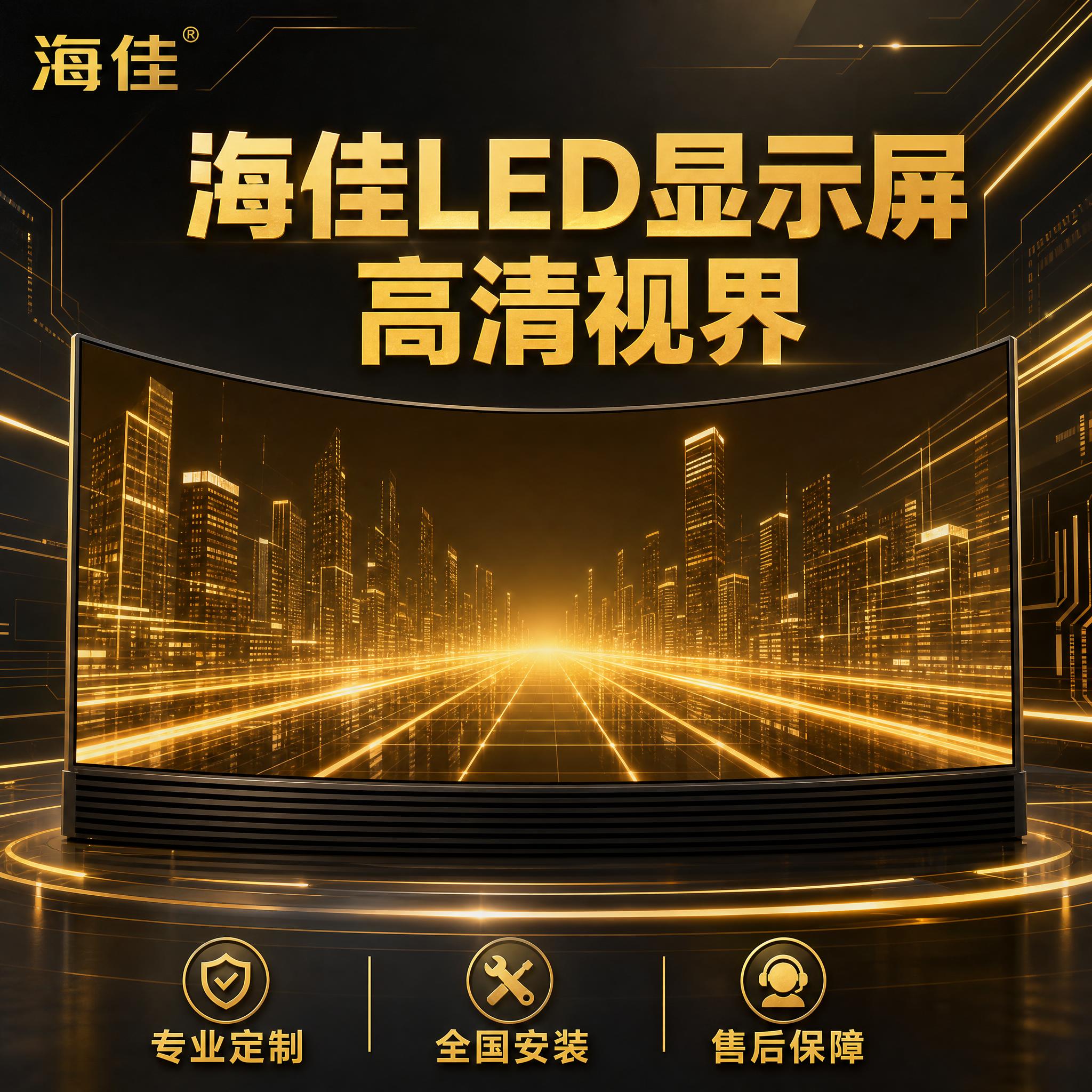 将这张海佳弧形LED显示屏主图改为金色科技风。整体色调改为金色… - 图片创意预览