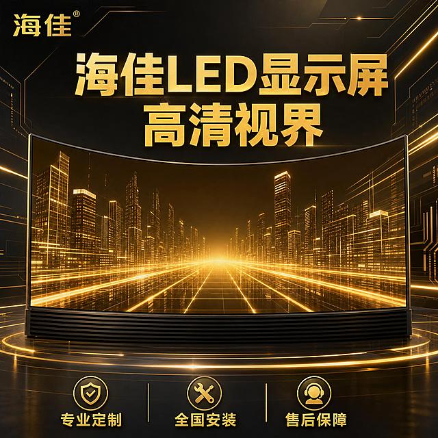 将这张海佳弧形LED显示屏主图改为金色科技风。整体色调改为金色和深灰搭配，背景为深灰色渐变+金色科技光线条。弧形LED屏幕保留，但屏幕画面可调整为金色城市科技画面。标题文字改为金色粗体。底部卖点图标改为金色，增加第三个卖点'售后保障'。原有的'专业定制'和'全国安装'保留，新增'咨询客服询价'或'售后保障'。左上角海佳logo改为金色。整体风格高端奢华金色科技感。