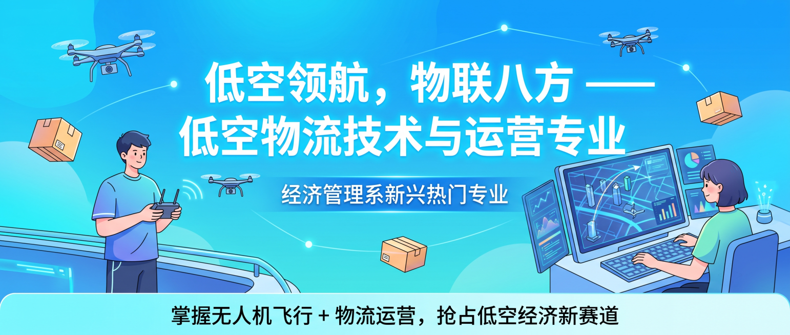 1800×766 横版公众号招生封面，青蓝渐变活力科技背景，潮流扁平插画风格，色彩明亮通透，层次丰富，年轻感强，适合招生引流推文。画面包含漂浮无人机、物流包裹、航线规划光点、仿真调度操作台元素，绘制青预览效果