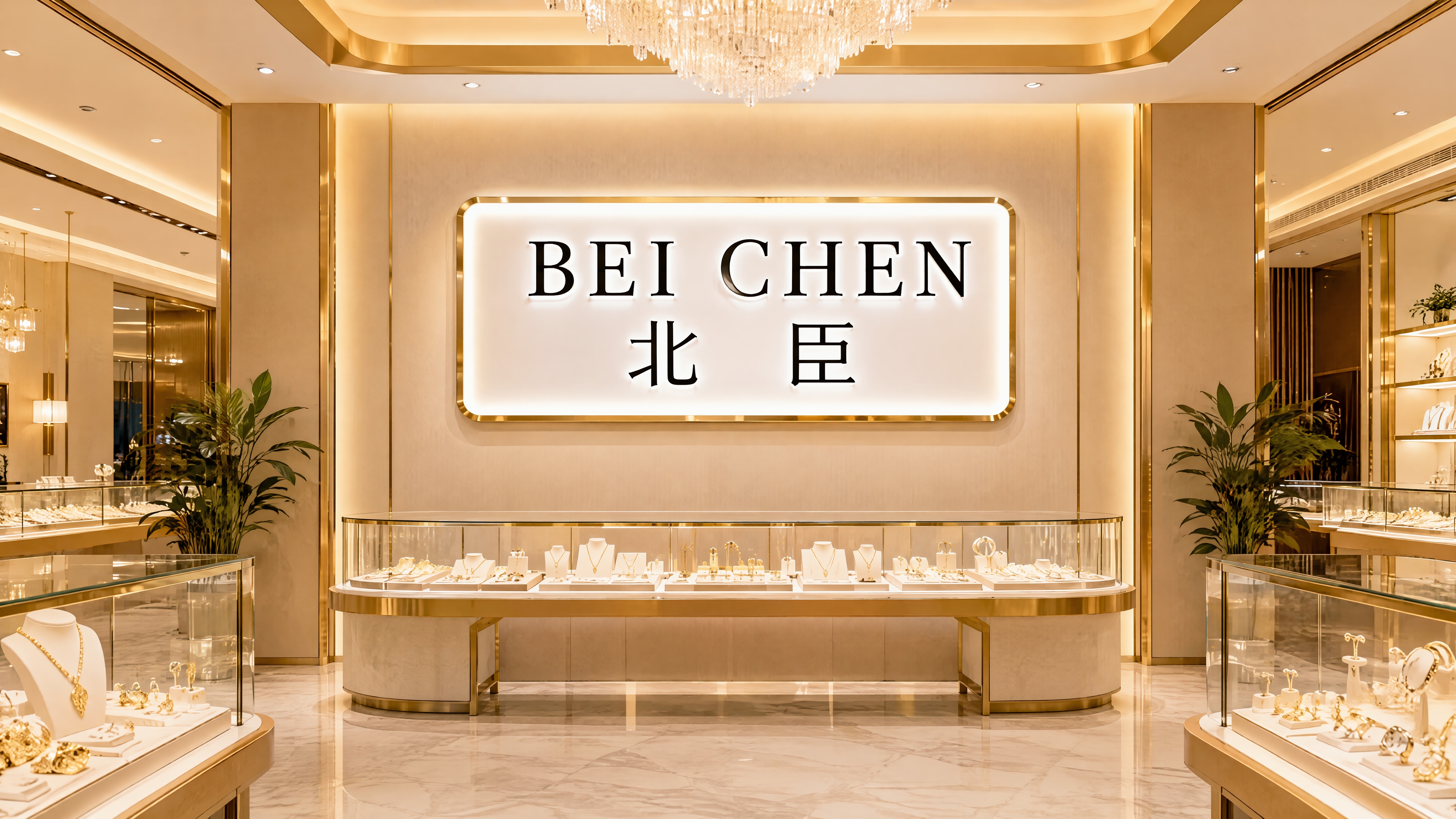 抖音店铺主页背景图，高档黄金饰品展厅内部，明亮温暖的高级色调。… - 图片创意预览