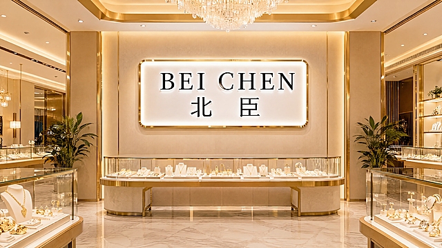 抖音店铺主页背景图，高档黄金饰品展厅内部，明亮温暖的高级色调。宽敞通透的展厅空间，精致的玻璃展示柜陈列着黄金珠宝首饰，暖白色柔和灯光营造出温馨舒适的高贵氛围，浅色大理石地面，现代轻奢装修风格，米白色与暖金色为主色调，明亮舒服。展厅正面墙上悬挂着一个大型发光招牌，招牌上的内容与参考图完全一致：上方是英文"BEI CHEN"，下方是中文"北臣"，黑色字体，招牌为白色底带精致金属边框，发光效果，成为展厅的视觉焦点。整体画面高端大气、温暖明亮，商业摄影质感，4K超清，细节丰富