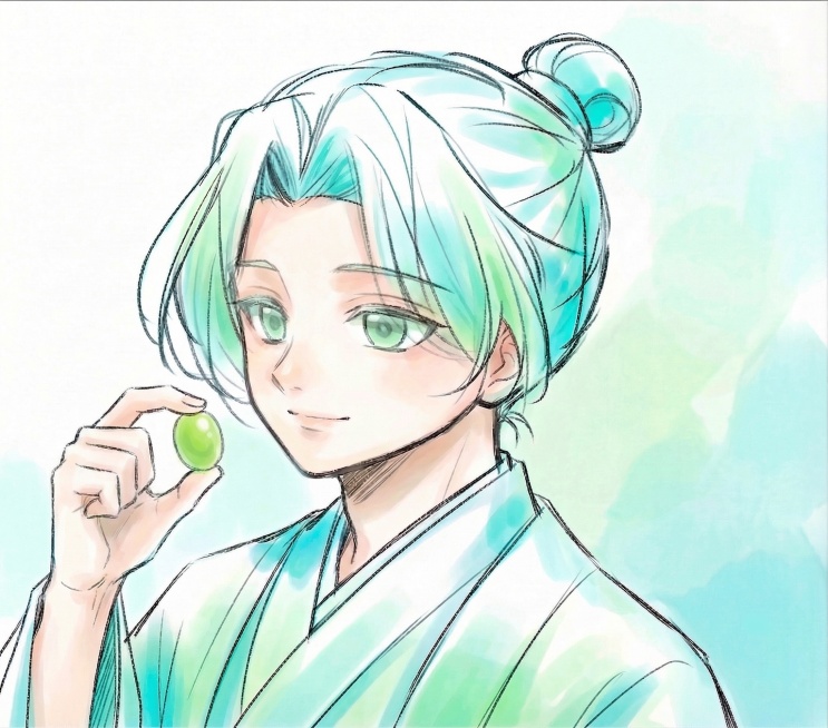 加重头发和衣服上的青色、绿色色调饱和度，去掉青提的杆子，修改手部动作改为直接捏着青提，保持整体风格不变预览效果