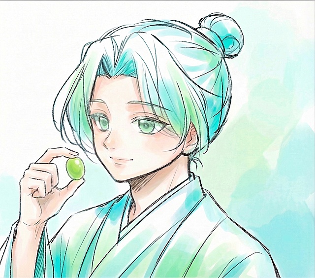 加重头发和衣服上的青色、绿色色调饱和度，去掉青提的杆子，修改手部动作改为直接捏着青提，保持整体风格不变