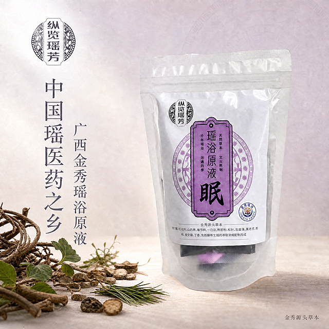 保持画面整体风格、产品包装袋、背景渐变、瑶纹暗纹、光影效果、左上角纵览瑶芳Logo、右下角小字均完全不变。仅做两处修改：1. 将右侧竖排的「广西金秀瑶浴原液」字体减小2个号，字号明显小于左侧「中国瑶医药之乡」大字，仍保持竖排宋体深紫灰色，与左侧大字保持对齐关系，视觉上作为副文案层级。2. 将左下角的植物道具全部替换为真实的瑶浴中药材：夜交藤（藤蔓带节的干燥茎枝）、杠板归（带刺的三角状叶片与茎）、山茨菇（棕褐色球状根茎切片）、肿节风（带节的茎枝和绿叶）、一扫光（细叶草本）、熊胆树（树皮枝条）、松针（成束的绿色松针）、黑老虎（深褐色藤茎或果实切片）。这些药材自然散落在左下角浅木色台面上，形态真实、种类丰富，与产品成分对应，光影与整体一致，不抢产品主体。其余所有元素保持原样。