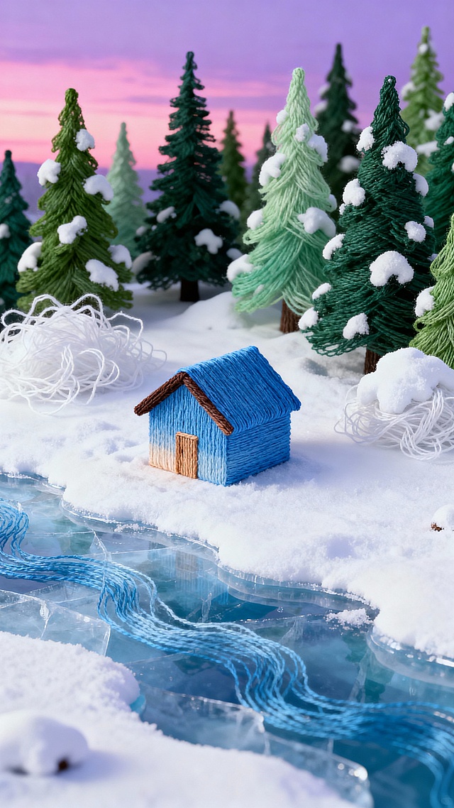 居中斜构图的一抹蓝色上（冬季景色，小木屋，松树林，厚厚的积雪，结冰的河水），粉紫色晚霞背景，极简俯视图