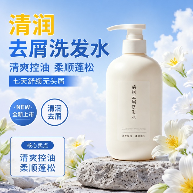 [单张主图] 清润去屑洗发水，爆款促销感主图，适配淘宝天猫平台。参考比对：参考图为左文右图+底部信息框版式，顶部大标题+中部产品+圆形卖点标签+左下促销信息框，背景蓝天配白云点缀，右侧和底部装饰白色百预览效果