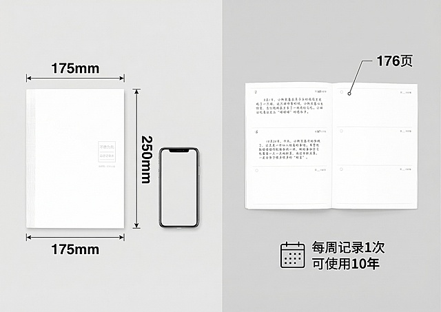 品德记录本尺寸容量图，分栏对比布局。左侧40%展示用户上传的记录本平放外观图，旁边放智能手机作为参照物，清晰尺寸标注线标明'175×250mm'，数字粗体突出。右侧60%展示用户上传的记录本打开内页图，标注'176页'，旁配小图标标注'每周记录1次 可使用10年'，背景浅灰色纯色，风格简洁实用。