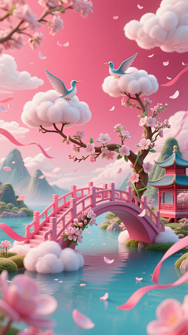 梦幻软3D风，超现实主义场景，甜美卡通樱花树与粉桥，小鸟栖云，营造浪漫春日氛围。