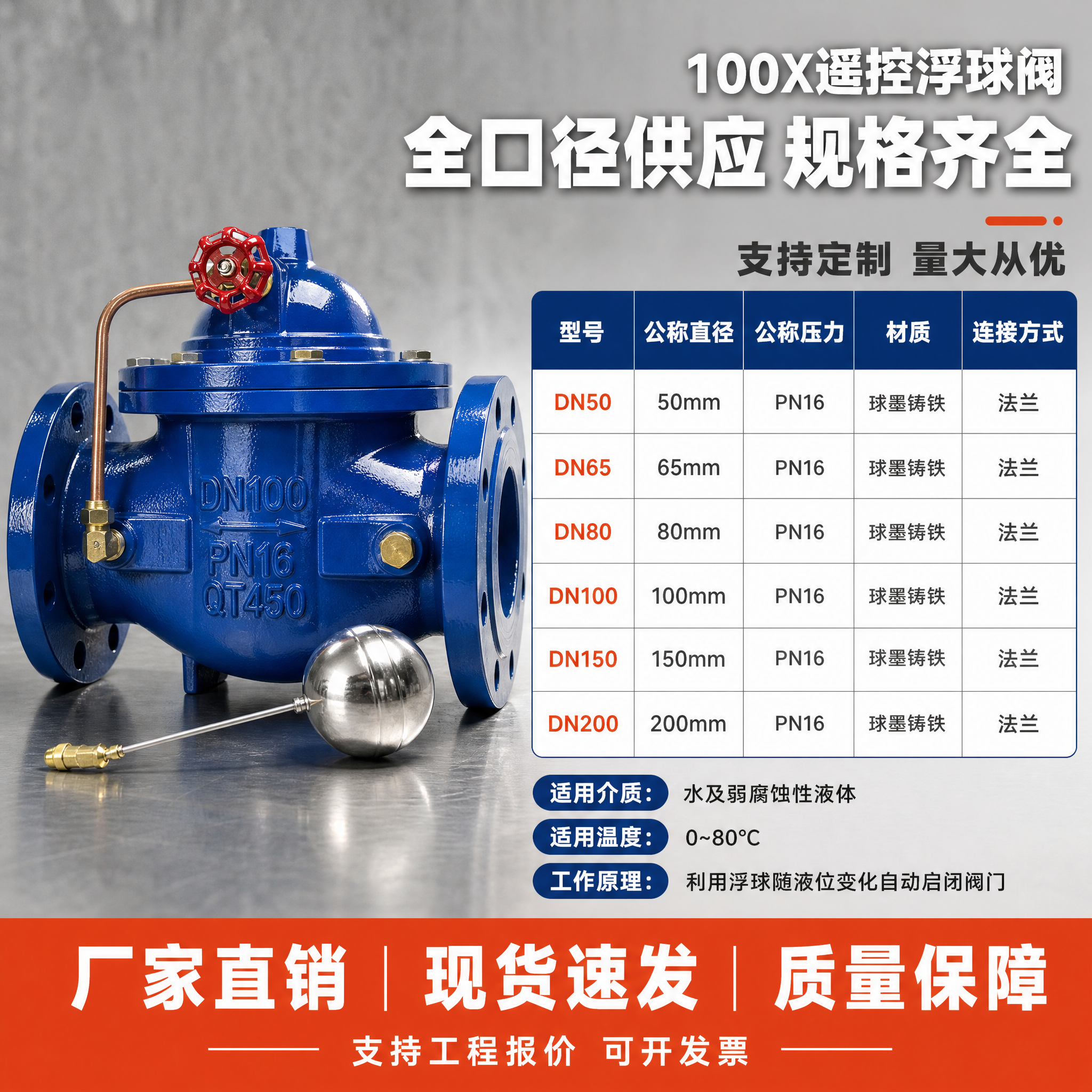 [主图-5] 100X遥控浮球阀 水箱自动补水阀 规格参数与选… - 图片创意预览