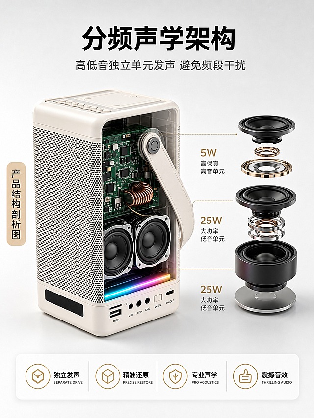 [主图-3] 分频声学架构 产品结构剖解与发声单元证据图。
[统一基调] 淘宝/天猫3:4主图，专业科技感，浅灰白色背景，主标题黑色粗体，辅助文字深灰色，强调色为暖金色，圆角图标卡片，字体为现代无衬线，字号层级分明。
[画面] 产品为米白色便携K歌音箱，做半透明剖视效果，左侧展示音箱完整外观（正面金属网罩+右侧皮质手提带+底部接口），右侧内部结构可见：上方一块绿色电路板+铜色电感线圈，中部两个并排的低音喇叭单元，底部有一条RGB彩色灯带。画面右侧垂直排列三层爆炸式喇叭单元拆解图：最上层是小高音单元标注5W高保真高音单元，中层是大低音单元标注25W大功率低音单元，下层是另一个大低音单元标注25W大功率低音单元。左侧有一个竖向浅棕色标签条写"产品结构剖析图"。
[光影质感] 影棚柔光，均匀布光，产品立体感强，剖切面边缘清晰，内部电路板元件细节真实，喇叭单元振膜质感清晰，整体科技产品摄影质感。
[配色] 主背景浅灰白渐变，标题黑色，强调色暖金色，产品米白+内部电子元件绿铜色，灯带彩色点缀，整体专业干净。
[文字版式] 顶部居中主标题："分频声学架构"，黑色粗黑体。主标题下方灰色小字："高低音独立单元发声 避免频段干扰"。右侧三层喇叭单元旁各配文字说明：上层"5W 高保真高音单元"，中层"25W 大功率低音单元"，下层"25W 大功率低音单元"。底部一条白色圆角横条，内有四个等分布局的金色细线图标+文字："独立发声 SEPARATE DRIVE"、"精准还原 PRECISE RESTORE"、"专业声学 PRO ACOUSTICS"、"震撼音效 THRILLING AUDIO"。
[输出要求] 3:4竖版比例，文字清晰，产品结构表达准确，剖视效果真实。禁止变形、错字、模糊、水印、平台Logo。