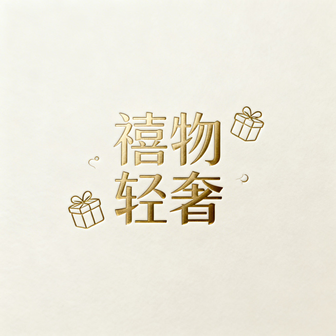 设计一个logo，包含文字"禧物轻奢"，四周用精致的礼物盒点缀，风格轻奢吸引人，1:1比例，整体简约高级。预览效果