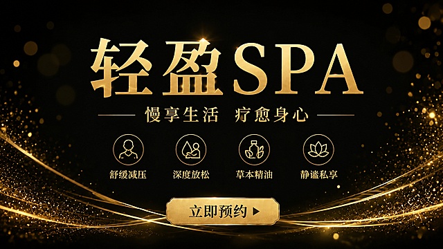 延续原图黑金风格，使用黑色背景金色闪粉曲线，和原图保持一致的黑金高级氛围。生成16:9尺寸养生SPA轮播图。
[版式]：主标题居中放大，副标题在主标题下方居中，四个卖点图标横向居中排列在副标题下方，预约体验按钮在最下方居中，排版和原图一致。
[文字内容]：主标题 "轻盈SPA" 鎏金大字；副标题 "慢享生活 疗愈身心"；四个卖点：舒缓减压、深度放松、草本精油、静谧私享；底部按钮 "立即预约"。全部文字保持金色，清晰可读，版式精美，整体黑金高级风格，16:9，4K超高清。