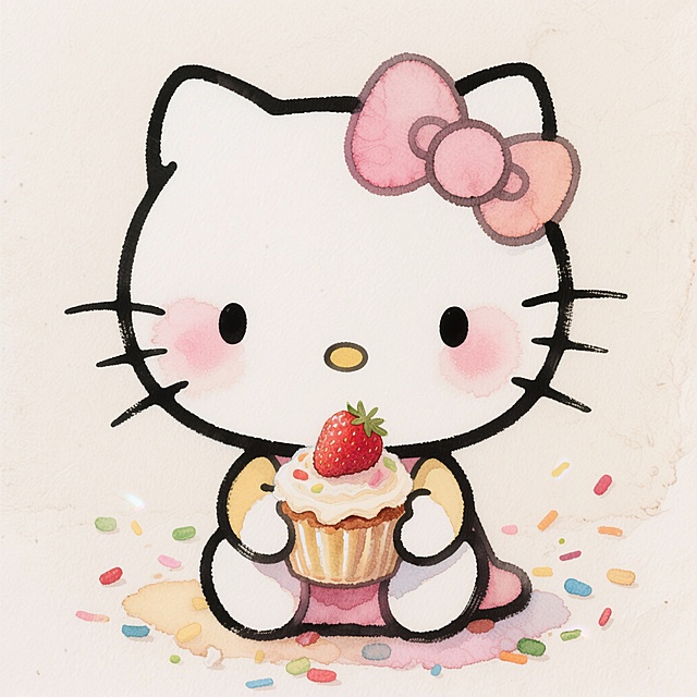Hello Kitty头像，1:1正方形构图，经典白色蝴蝶结系浅粉色丝带，圆脸蛋晕染蜜桃色腮红，无嘴萌系设计，怀里抱着迷你草莓纸杯蛋糕，背景是淡奶油色+散落的彩色糖粒，手绘软萌质感，线条圆润柔和，暖调柔光，色彩甜度满分，8K高清，无水印，适合女生社交头像