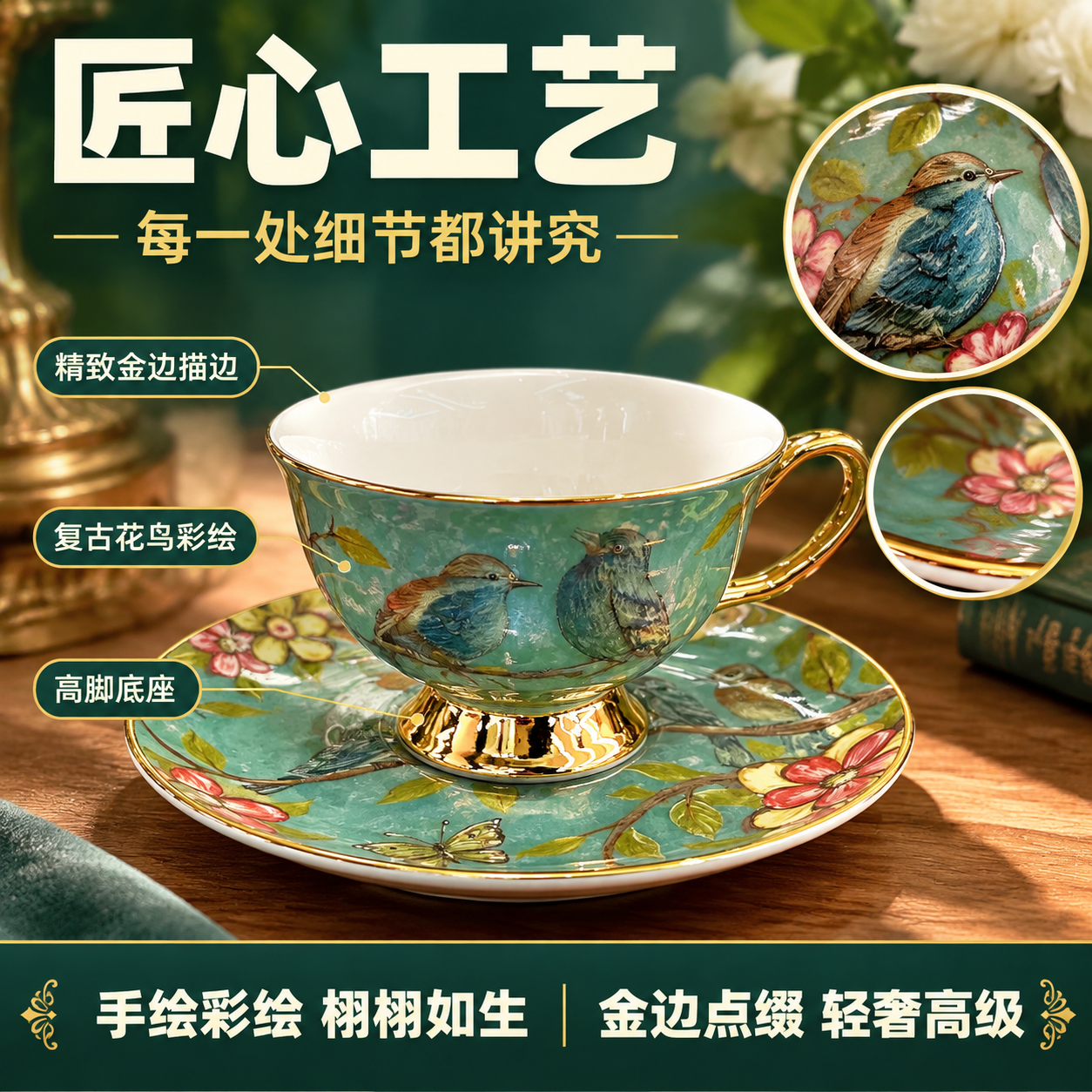 拼多多电商主图，欧式复古花鸟骨瓷咖啡杯碟套装（蓝绿款）工艺特写… - 图片创意预览