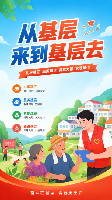 设计一张现代活力风格宣传栏海报，主题文字“从基层来到基层去”，简洁明亮的色彩搭配，扁平化设计，图文排版活泼有序，适合当代基层宣传展示预览效果