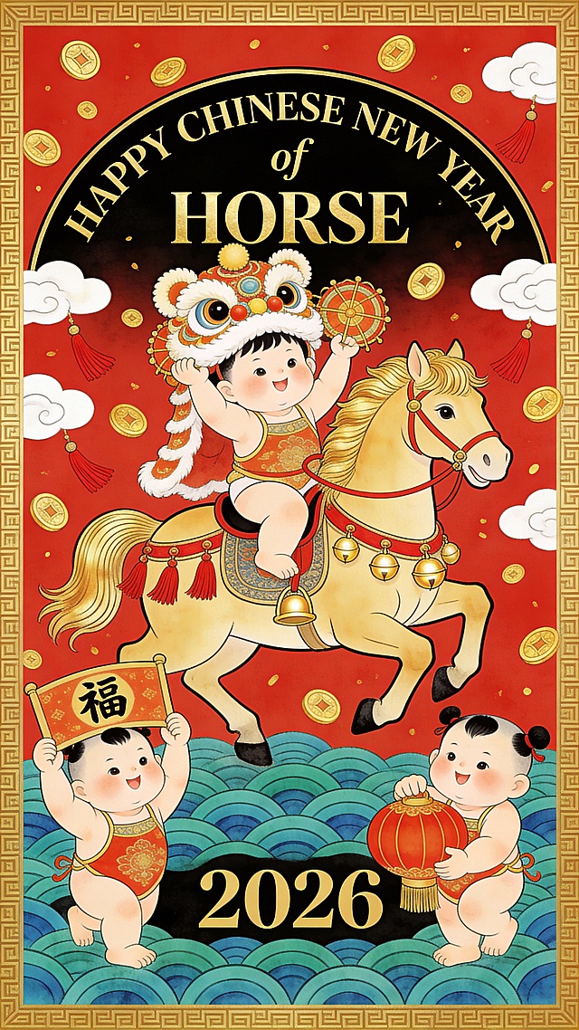 动画风格。主体为舞狮少年骑金鬃骏马（少年头戴狮头帽，双手挥舞狮头；骏马马具饰红流苏与金色铃铛，呈迈步姿态）。马匹两侧有两个福娃（左侧举 “福” 字欢呼；右侧怀抱大红灯笼）。空中飘浮金色铜钱、红色流苏、白色祥云。顶部弧形排列烫金质感的 “HAPPY CHINESE NEW YEAR” “of” “HORSE”，下方正中央为数字 “2026”。底部饰蓝绿色波浪纹样，画面四周设金色中式回纹边框，红色背景，整体充满春节舞狮喜庆氛围。