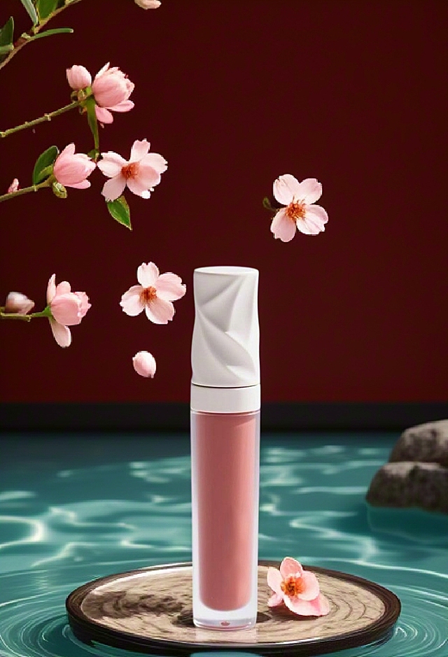 产品放在水中央圆盘上，粉色小花飘落，桃花映衬，水面上泛着薄雾，青绿色镜面静水泛着波纹，水面清澈见底，能隐约看到水底青灰色鹅卵石，暗红中国风背景，禅意氛围。