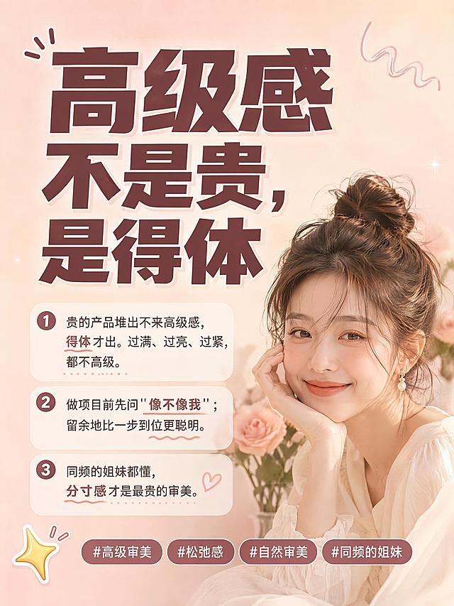 小红书笔记大字封面，配图大字，ins 清新，吸睛可爱风格，版式精美，小红书笔记封面质感，适合信息流点击。主标题必须完整呈现且为画面视觉中心，逐字锁定：「高级感不是贵，是得体」。主标题字号占画面约 55% 视觉权重，清晰可读，不得增删改字。背景：浅奶油玫瑰金渐变弥散，温柔干净。中间放置元气微笑年轻女生人像，作为配图，人像自然和谐不抢标题焦点。正文完整呈现所有用户内容，文字风格多样化：
① 贵的产品堆出不来高级感，得体才出。过满、过亮、过紧，都不高级。
② 做项目前先问"像不像我"；留余地比一步到位更聪明。
③ 同频的姐妹都懂，分寸感才是最贵的审美。
底部放置标签：#高级审美 #松弛感 #自然审美 #同频的姐妹
标题排版：采用配图大字 I10 策略，深玫瑰棕色扁平超粗黑体，文字风格多样，清晰可读。装饰：左下角 1 个 ✨ emoji 小贴纸；右上角一个浅粉色手绘波浪线，位置与数量克制、不抢主标题，禁止底部横排多个 emoji。整体氛围：变美不焦虑，松弛高级，吸睛可爱，符合小红书审美。画质：高清细腻，信息层级清晰，主标题与背景强对比，文字完整处于安全区内不可裁切，四周留安全边距。画面中不添加任何二维码和二维码占位，保持画面干净。画面中所有信息区域必须填充完整合理的内容，不得出现空白框、空白占位。画面比例 3:4，4K。