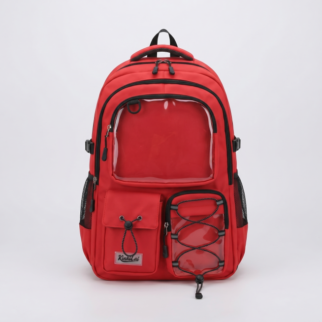 正前方完全正面视角展示红色双肩背包。保持原产品红色外观、黑色拉链装饰、透明插袋、前置抽绳口袋设计、品牌标签这些物理结构、材质质感完全一致，杜绝任何变形和色差，精细化处理。纯产品展示，背景使用简约纯色浅预览效果