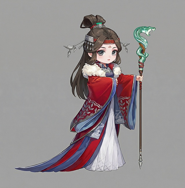 把图二的角色变成图一的大头Q版风格，纯灰色背景