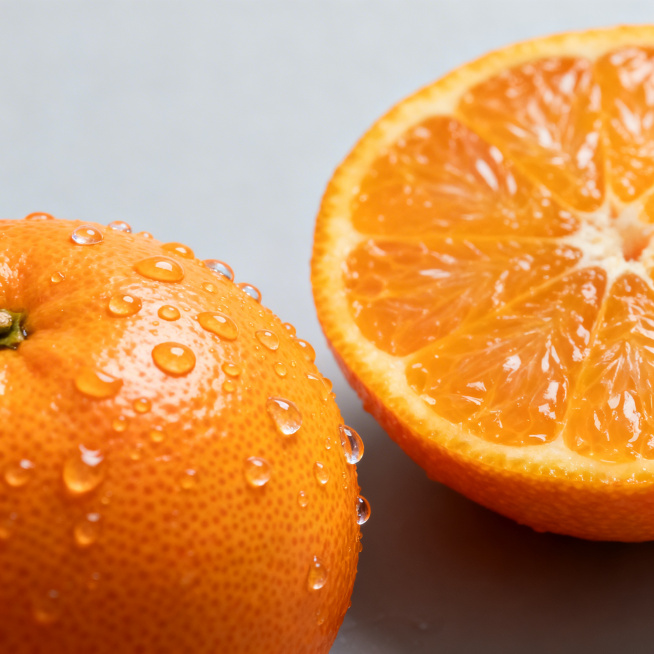 广西沃柑细节特写图，采用微距拍摄，展示沃柑的细节：左侧是带有细密油胞的光滑表皮，水珠在表面滚动；右侧是对半切开的沃柑，饱满的果肉颗粒分明，汁水欲滴，背景为纯净的浅灰色，突出沃柑的新鲜质感和诱人细节预览效果