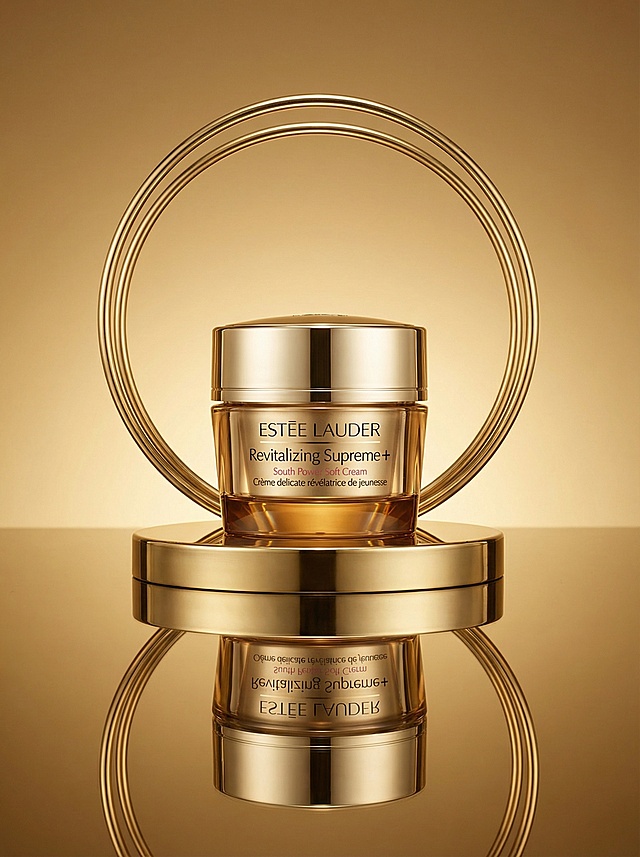 主体内容：雅诗兰黛金罐眼霜（透金瓶身+全金盖，印品牌及产品标识）；场景设定：暖金渐变背景+金色圆环装饰+镜面展示台；风格参考：奢华高端美妆产品海报；色彩色调：金+暖棕（背景）+透明（瓶身）；构图视角：竖版中心对称构图；附加细节：镜面显产品清晰倒影，光线强化金属光泽与瓶身通透感，整体呈现贵气精致的美妆产品氛围。