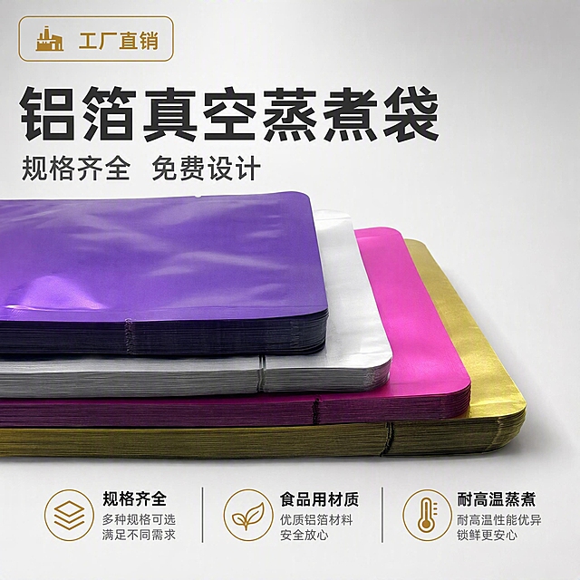 [主图-1] 主题：工厂直销强铝箔真空蒸煮袋 多色多规格展示 首图建立专业源头工厂与高级品质第一印象。
[统一基调] 1688 B端源头感 高级商业摄影风格 浅灰渐变背景搭配柔和自然光 整体干净通透 突出铝箔金属质感与包装专业感 字体用简洁无衬线粗体 主标题深灰色 辅助文字中灰色 强调色用暗金色 不使用大面积促销色块 保持克制高级。
[画面] 画面中央主体为多叠不同颜色的铝箔真空袋整齐错落陈列 包含紫色 银色 玫红色 金色四款 每叠保持原产品真实厚度 圆角端头形状完整不变形 透视角度与原图一致 产品数量与堆叠关系真实还原 不减少不增加 颜色与原图完全一致 铝箔表面有细腻的金属反光与自然褶皱 体现真实材质 背景为浅灰色渐变影棚背景 左上角有暗金色工厂直销标识 底部有三列短标签 规格齐全 食品用材质 耐高温蒸煮 产品占画面约70% 居中偏下摆放 上方留出标题空间。
[光影质感] 商业影棚柔光拍摄质感 主光从左上45度打下 右侧柔和补光 铝箔表面呈现细腻金属光泽与明暗过渡 袋体边缘有清晰轮廓光 底部有自然柔和的接触阴影 产品立体感强 无过曝无死黑。
[配色] 背景浅灰渐变 产品保留原图的紫 银 玫红 金四色 文字深灰与暗金 整体高级克制 不添加多余彩色装饰。
[文字版式] 左上角主标题 工厂直销 铝箔真空蒸煮袋 副标题 规格齐全 免费设计 底部三列短标签横向排列 文字不遮挡产品主体 字体统一为无衬线粗体 字号层级分明。
[输出要求] 比例1:1 2048x2048 产品清晰锐利 文字清晰可读 禁止产品变形 禁止改变圆形端头形状 禁止改变透视角度 禁止减少产品数量 禁止改变产品颜色 禁止出现宣传泡沫 禁止出现平台Logo水印 禁止模糊杂乱。